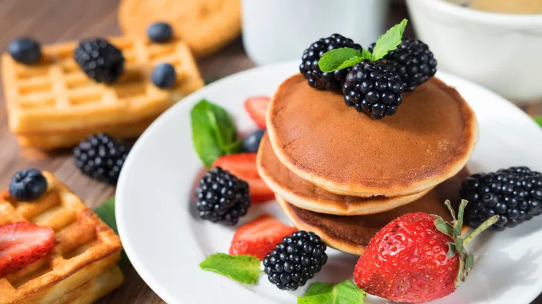 Fresh fluffy pancakes and crispy waffles at Fluff & Crunch breakfast restaurant in Warman, SK