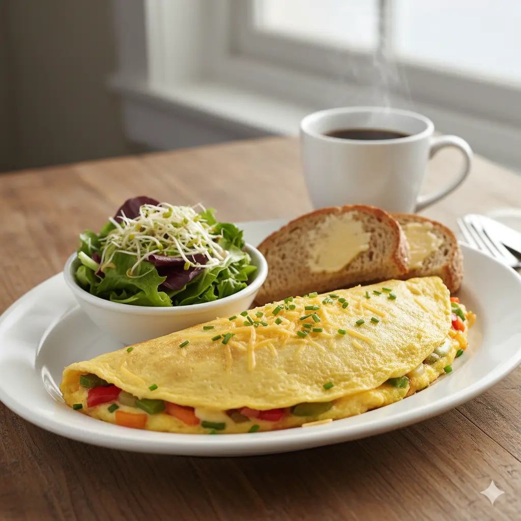 Veggie Delight omelette with fresh vegetables at Fluff & Crunch in Warman, SK