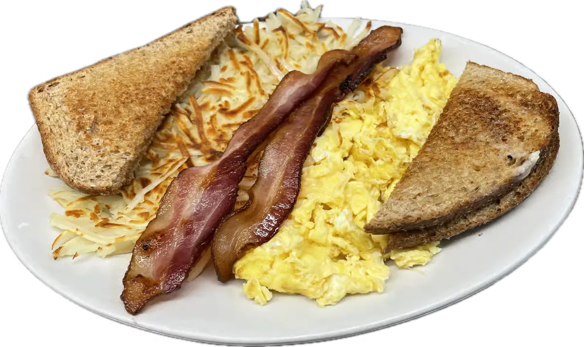 Classic Breakfast Plate at Fluff and Crunch in Warman - scrambled eggs, crispy bacon, hash browns, and buttered toast